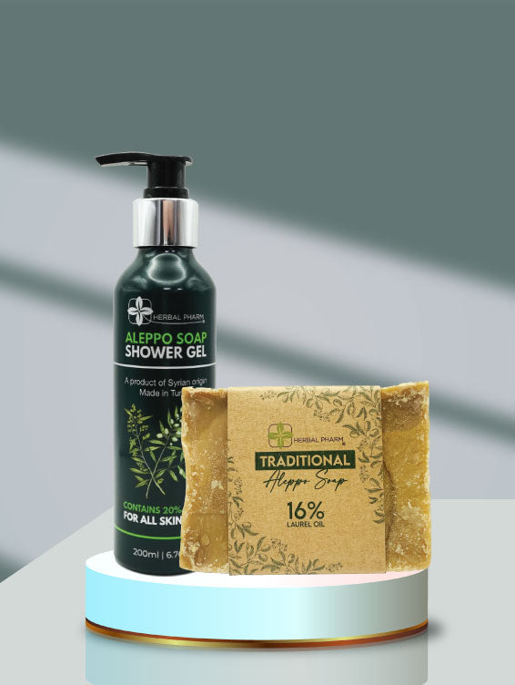 Bundle of 'Aleppo Soap Shower Gel and Traditional Aleppo Soap  16% Laurel Oil'