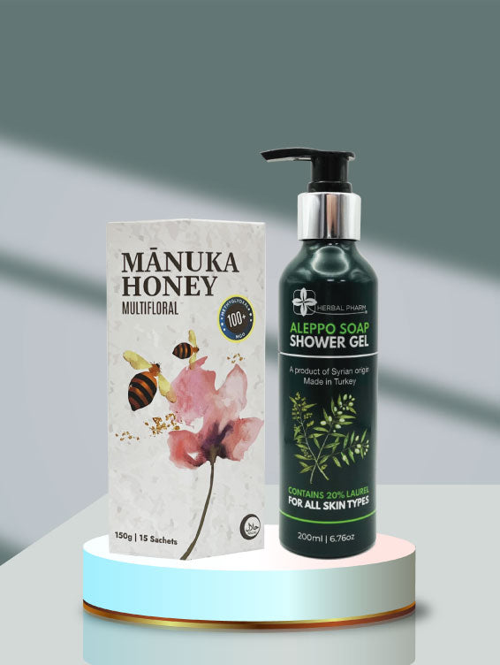 Bundle of 'Manuka Honey Sachet 100+ and Aleppo Soap Shower Gel'